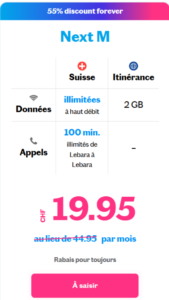 Lebara Next M – Profitez des données illimitées en Suisse, de 100 minutes vers Lebara et de 2 Go d'itinérance pour rester connecté partout. Le forfait idéal pour une utilisation quotidienne et internationale.