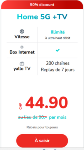 Yallo Home 5G et TV – Forfait avec 5G à domicile et télévision incluse. Profitez d'une connexion ultra-rapide pour le streaming, les jeux et le télétravail, tout en bénéficiant d'une large sélection de chaînes TV pour un divertissement sans fin.