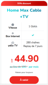 Yallo Home Max TV Cable – Forfait avec fibre optique haute vitesse et télévision par câble incluse. Profitez d'une connexion rapide pour tous vos besoins à la maison, avec une large sélection de chaînes TV et une expérience de divertissement optimale