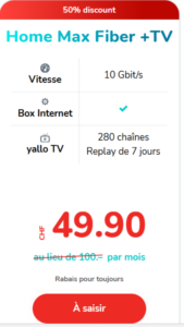 Yallo Max Fiber et TV – Forfait fibre optique ultra-rapide avec TV incluse. Profitez d’une connexion à haut débit pour le streaming, les jeux et le télétravail, tout en ayant accès à une large sélection de chaînes TV.